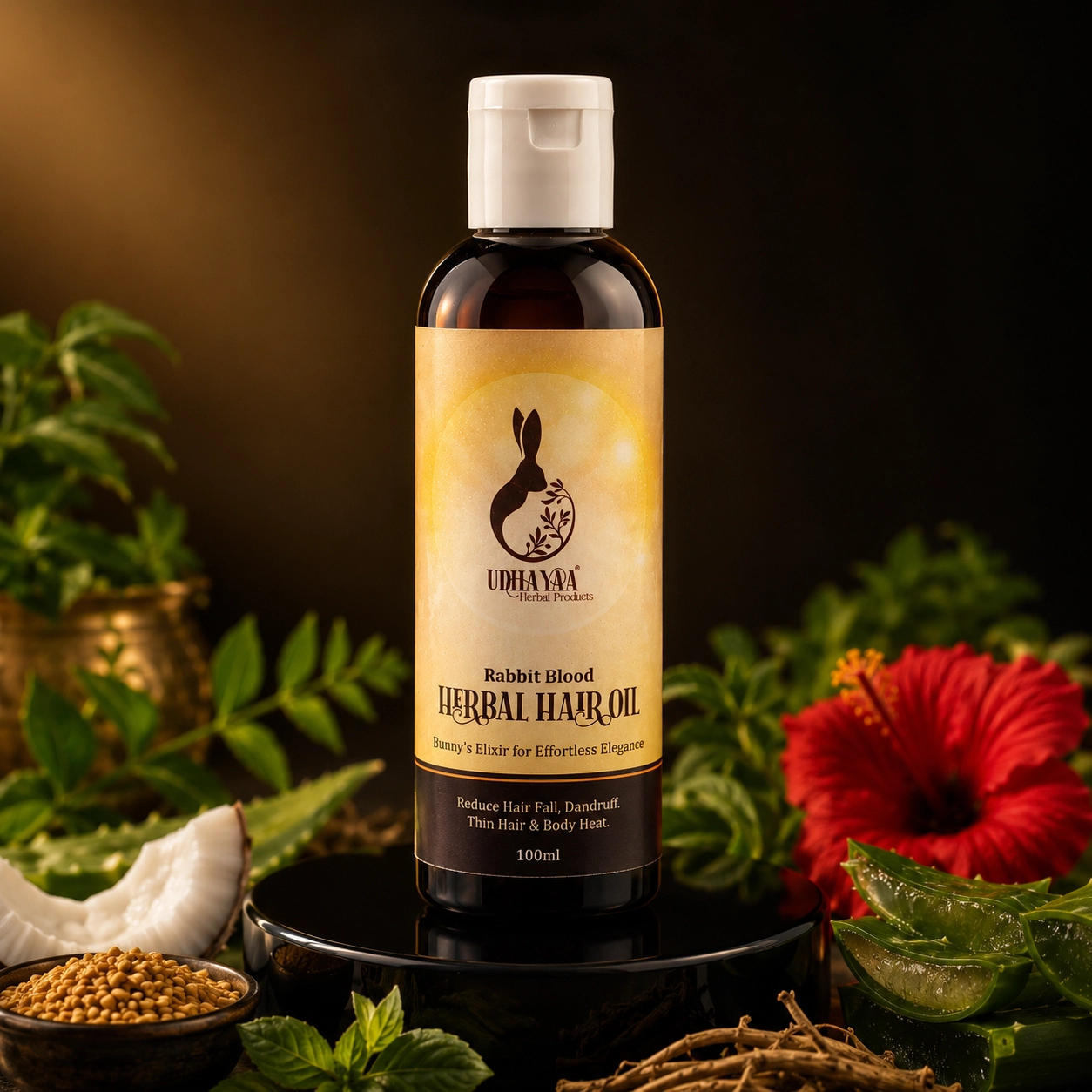 Luxury Rabbit Herbal Hair Oil Product Photography for Natural Hair Care